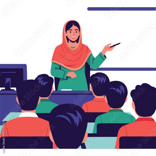 Female teacher giving lecture to students in classroom, educator presenting lesson
