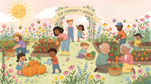 Children and adults work together harvesting vegetables and watering plants in a colorful garden with flowers bees pumpkins and a smiling sun under a bright sky