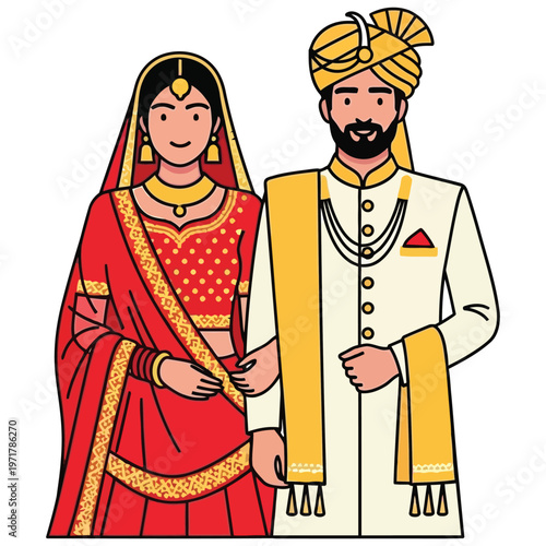 Indian wedding couple, bride and groom in traditional indian outfits