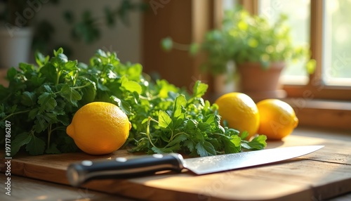 Fresh lemons and herbs lie on wooden board with knife. Bright sunlight illuminates kitchen ingredients ready for cooking. Healthy food preparation involves fresh produce and sharp blade for chopping.