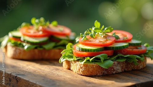 Two open sandwiches with fresh tomato, cucumber, and lettuce on rustic bread sit on a wooden table. The natural light highlights the vibrant green and red ingredients, perfect for summer meals.