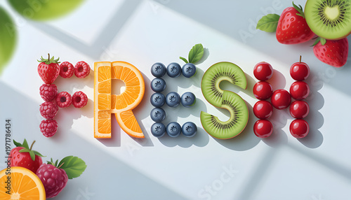 Various fruits are arranged to spell fresh on a smooth white surface with bright sunlight casting shadows and highlighting vibrant colors and textures in a modern artistic scene