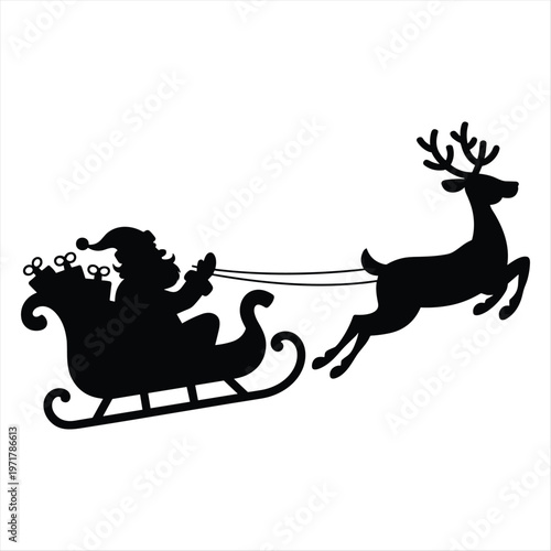 Santa claus rides in his sleigh pulled by a reindeer