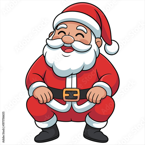 A cartoon santa claus is crouching down with a big smile