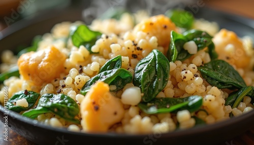 Close-up food photo of pearl couscous with fresh spinach leaves, bright orange chunks, likely squash sweet potato, seasoned with pepper. Steaming gently, dish looks warm, delicious. Healthy,
