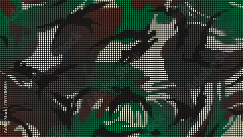 High contrast army green and white camouflage pattern using strong halftone dots for modern tactical