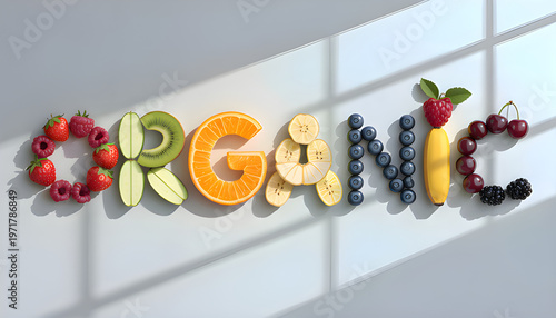 Bright sunlight streams onto a smooth white surface where various colorful fruits are arranged to spell organic casting shadows and highlighting vibrant textures and freshness