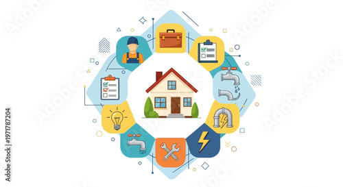 Flat vector illustration depicting a home surrounded by icons representing air conditioning service, plumbing, electrical work, and inspection, set against a clean white background