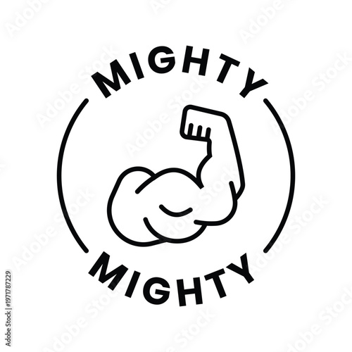 minimalist circular mighty logo featuring a strong bicep muscle icon for gym and fitness branding
