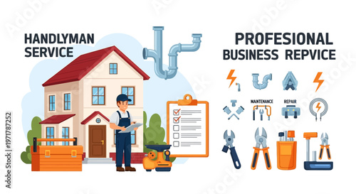 A handyman in uniform stands beside a house and toolbox, holding a clipboard with a checklist, presented as a vector illustration alongside plumbing tools and icons against a clean
