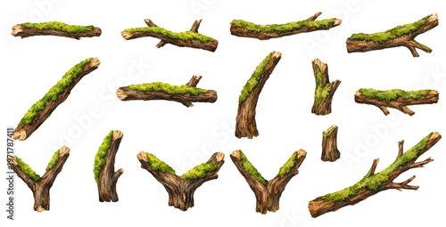 A charming watercolor collection of mossy tree branches featuring rustic wooden sticks covered with green moss illustrated in a natural forest style.