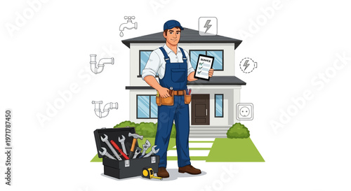 Vector illustration of a male air conditioning technician in uniform holding a tablet with an inspection checklist in front of a house, conveying a service-oriented mood against a white