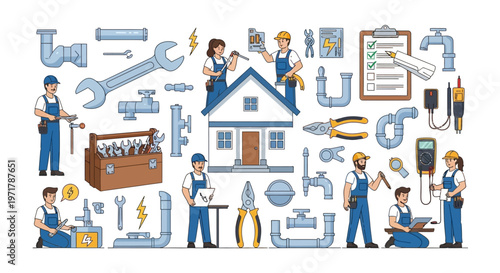 A diverse set of service workers are depicted with tools around a home, presented in a cartoon illustration against a white background, showcasing various aspects of maintenance and repair