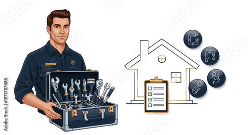 A cheerful cartoon technician stands with an open toolbox full of tools against a white background, next to a house icon with an inspection checklist in a flat vector illustration style