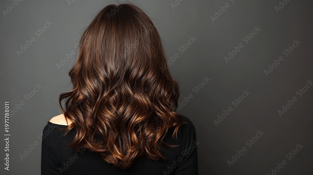Fototapeta premium Back view of a woman with long wavy brown hair against a dark grey background