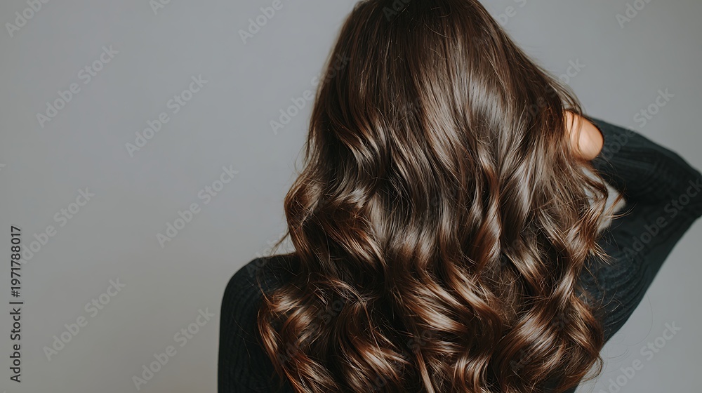 Fototapeta premium Back view of a woman with long wavy brown hair against a light grey background