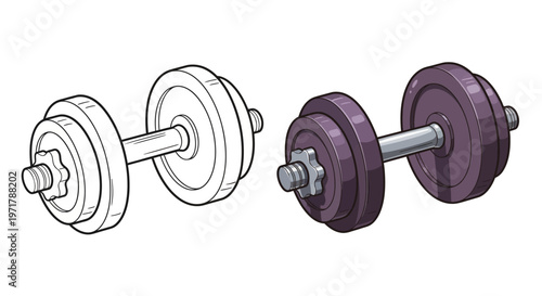 Adjustable Dumbbell Set: Line Art and Colored Illustration Comparison