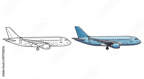 Airplane illustration, blueprint and colored version, side view, isolated on white background