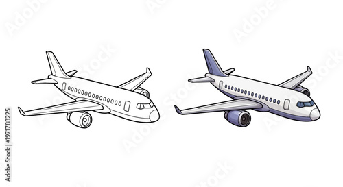 Airplane outline and colored illustration side by side, aviation concept