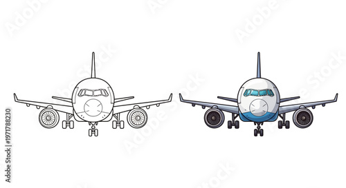 Airplane Front View: Blueprint and Colored Version