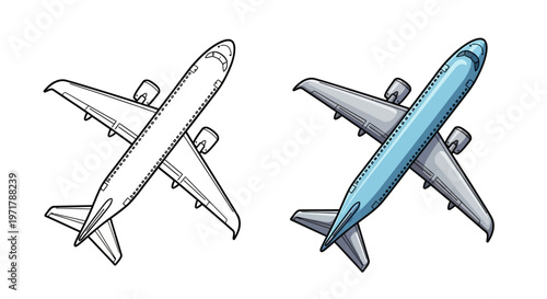 Airplane Top View: Sketch and Colored Versions