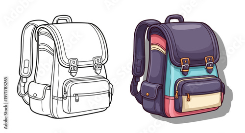 Backpack, School Bag, Coloring Page, Vector Illustration, Cartoon Style