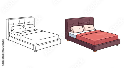 Bedside Comparison: Line Art Outline vs. Fully Colored Bedroom Furniture