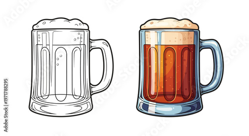 Beer Mug Illustration: Outline and Full Color Comparison
