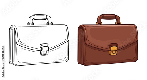 Brown Leather Briefcase: Color and Line Drawing Comparison