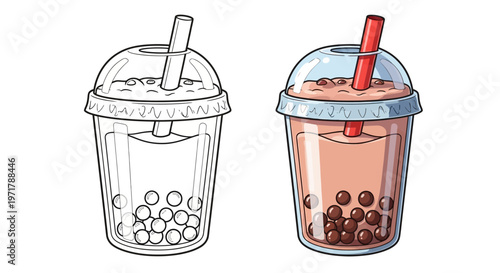 Bubble Tea Drink - Line Art and Color Illustration