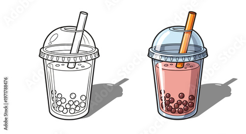 Bubble Tea Outline and Color Illustration: A Refreshing Drink with Tapioca Pearls