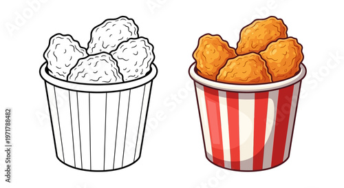 Bucket of Fried Chicken - Line Art and Full Color Comparison