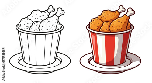 Bucket of Fried Chicken - Line Art and Color Comparison