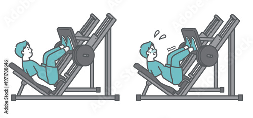 笑顔でレッグプレスマシンを使うぽっちゃり男性と辛そうにするぽっちゃり男性の比較セットイラスト