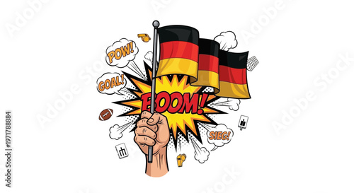 German Flag Held High, Celebration, Sports Fanatic, Boom Comic Style