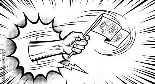 Hand Breaking Through Wall Holding Flag with Lightning Bolt Symbol