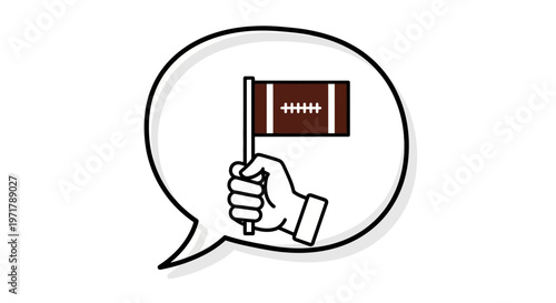 Hand holding American football flag inside speech bubble, sports communication icon