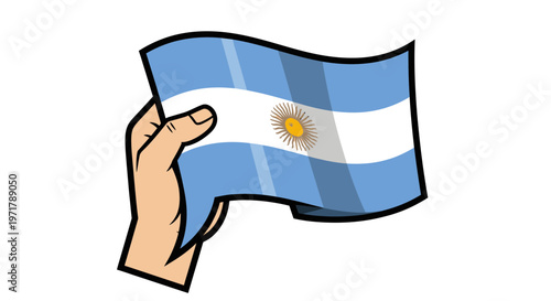 Hand holding Argentinian flag, national symbol, bright colors, isolated on white