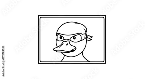 Funny cartoon duck wearing a bandana and mask, ninja disguise, playful character