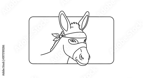 Funny cartoon donkey wearing a bandana over its eyes, looking mischievous