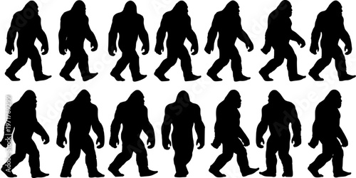 Bigfoot silhouette, mythical creature silhouette sequence. Ideal bigfoot for cryptozoology, folklore enthusiasts. Mysterious walking beast, legend, Sasquatch, Yeti, enigma, shadowy figure