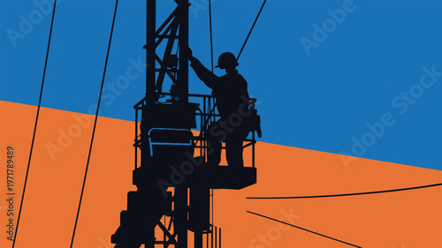 Worker climbs tall structure during daylight hours in a construction area with clear blue and orange background