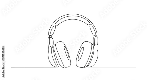 Minimalist single line drawing of modern headphones on a white background, music concept