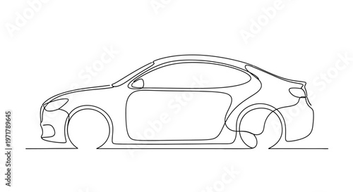 Minimalist continuous line drawing of a modern sedan car, side view, clean design