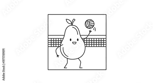 Cute Pear Character Playing Volleyball, Cartoon Style