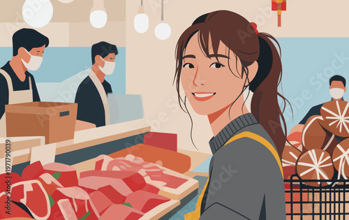 Woman smiles while working at a meat counter in a market with customers in the background during daytime