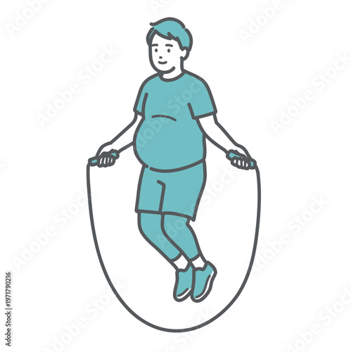 笑顔で縄跳びをして有酸素運動をしているスポーツウェア姿のぽっちゃり男性のイラスト