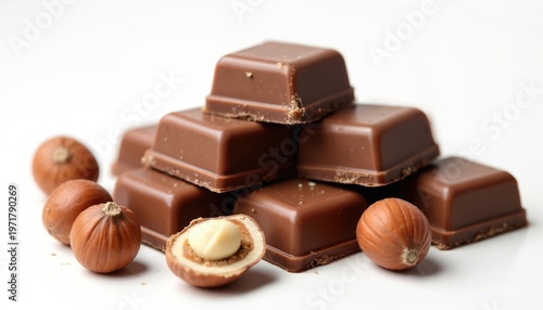 Milk chocolate squares with hazelnuts are piled together on a clean white surface. Some whole nuts and a split hazelnut revealing its creamy center are scattered around the confectionery.