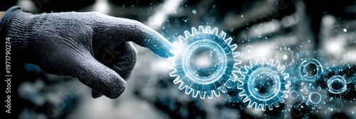 A gloved hand interacts with illuminated gears symbolizing enginee, technology, and innovative mechanical solutions within an industrial setting.