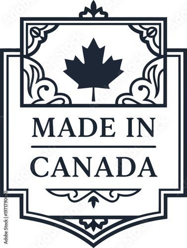 Vintage Made In Canada Label With Maple Leaf Icon For Product Packaging And Brand Stamp